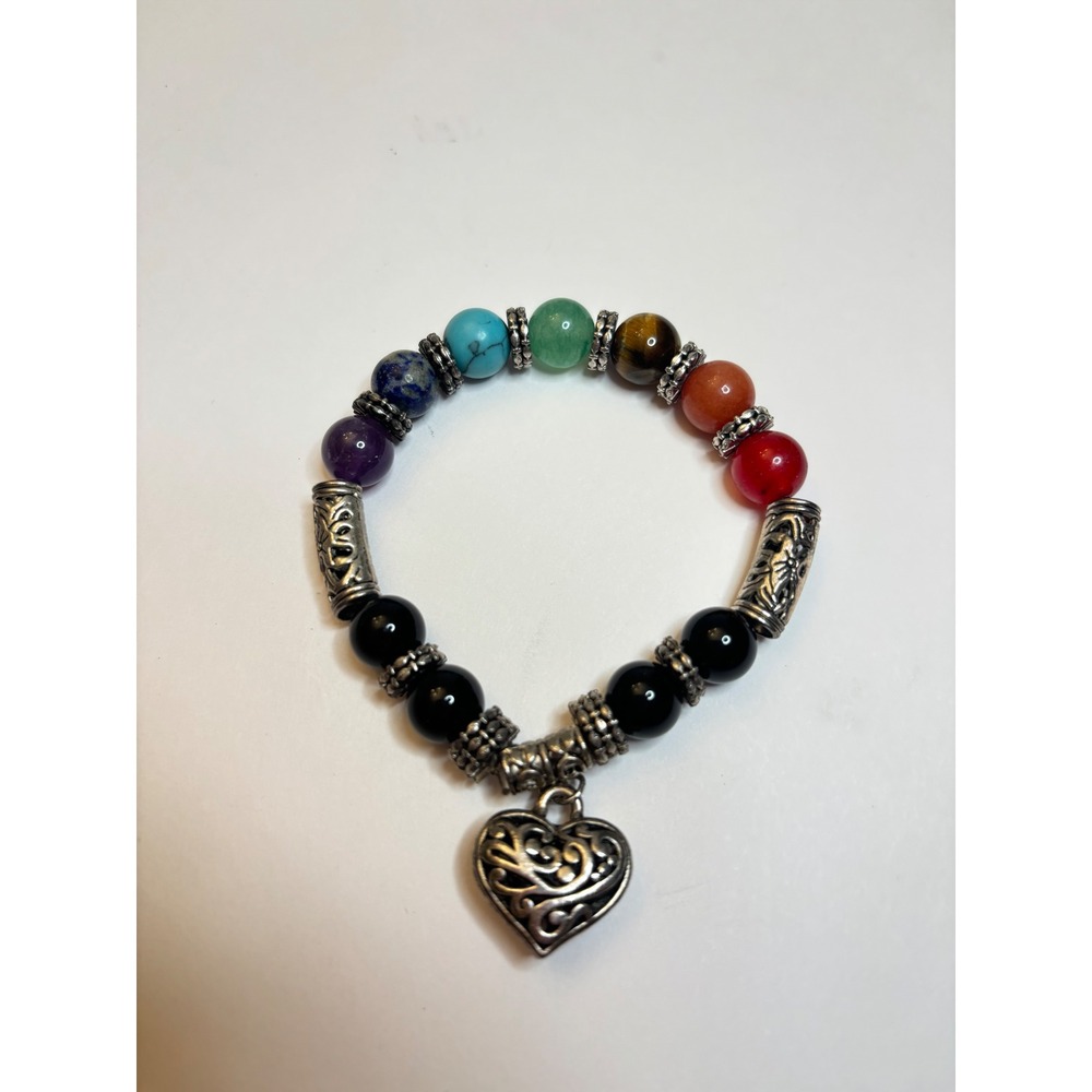 7 Chakra Healing Natural Stone Bead Stretch Bracelet Silver Filigree Heart Charm